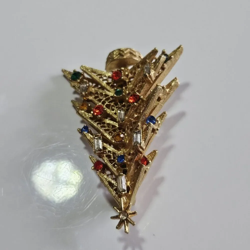 Vintage Art Gold Tone Christmas Tree Brooch Lace Candles Signed Book Piece MCM